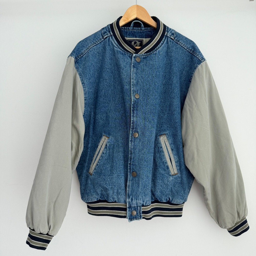 Vintage Denim Varsity Jacket Medium Bomber Ebbets Field Stadium Baseball 90s